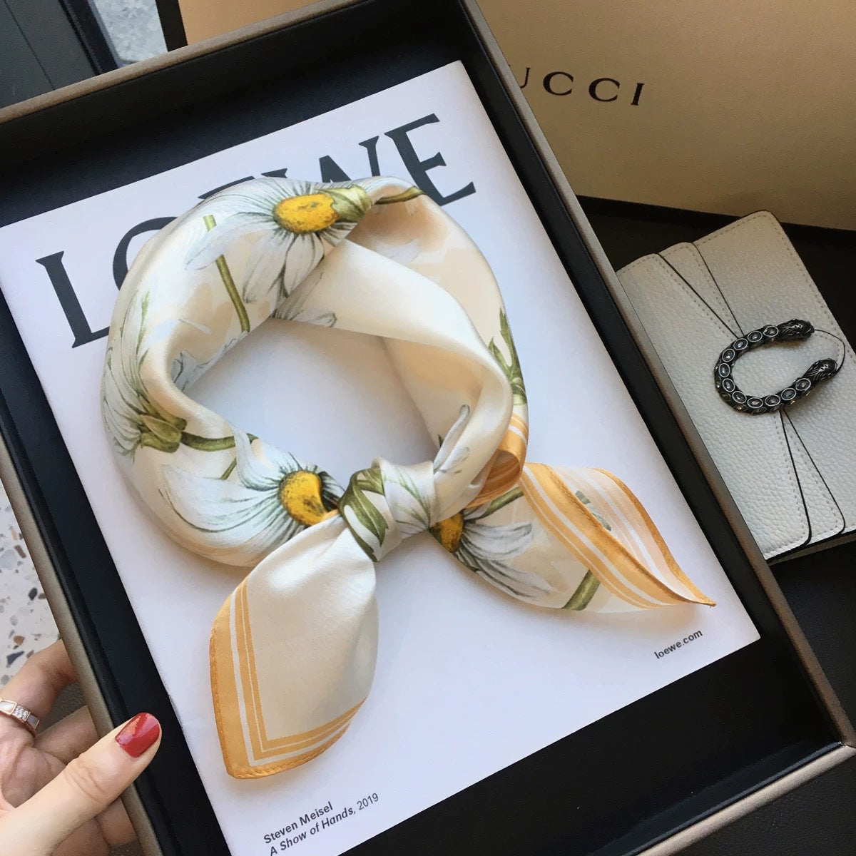 Orange Pure Silk Scarf - Elegant Flower Design, Square Handkerchief